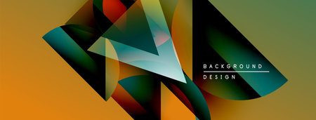 Abstract geometric shapes overlap, creating dynamic visual effect. Warm colors blend with cooler...