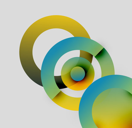 Abstract circles overlap, creating vibrant color gradients. Yellows, greens, blues blend smoothly. Minimalist design, modern aesthetic.のイラスト素材