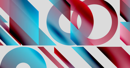 Abstract composition featuring geometric shapes. Circles, rectangles overlap, creating vibrant color gradients. Red, blue dominate design.のイラスト素材