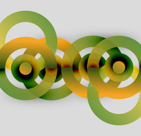 Abstract design features overlapping circles. Green, orange hues blend, creating dynamic visual effect. Simple shapes, modern aesthetic.のイラスト素材