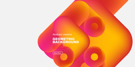 Abstract geometric background features vibrant orange, yellow gradients. Shapes overlap creating dynamic visual effect. Text present, button visible.のイラスト素材