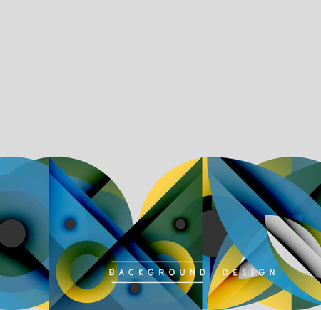 Abstract geometric shapes overlap, creating dynamic visual effect. Colors blend, forming modern background design. Gray space dominates top portion.のイラスト素材