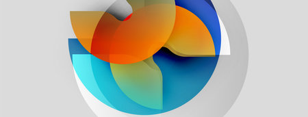 Abstract colorful shapes overlap, creating dynamic circular design. Gradient hues blend, suggesting movement, energy, innovation.のイラスト素材