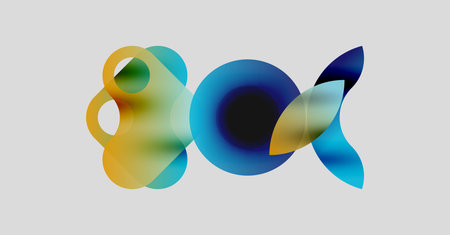 Abstract colorful shapes overlap, creating dynamic visual composition. Soft gradients suggest fluidity, movement. Bright hues dominate neutral background.のイラスト素材