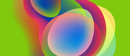 Abstract colorful shapes overlap, creating vibrant visual effect. Bright hues blend seamlessly against lime background.のイラスト素材