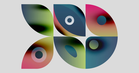 Abstract shapes overlap, creating colorful petallike forms. Gradient hues blend, forming dynamic visual composition. Minimalist design.のイラスト素材