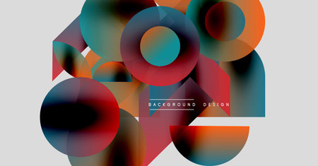 Abstract colorful shapes overlap. Circles, triangles create dynamic composition. Modern design element for backgrounds.のイラスト素材