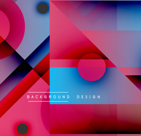 Abstract geometric composition. Overlapping shapes create vibrant color gradients, modern design elements. Pink, red, blue dominate visual space.のイラスト素材