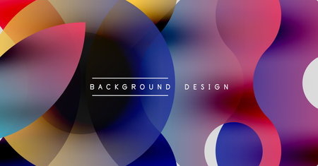 Abstract colorful circles overlap. Modern design features vibrant hues, gradients, text elements. Background suggests creativity, innovation.のイラスト素材