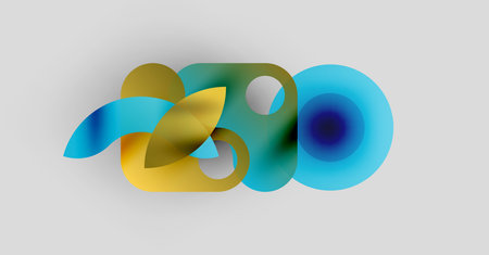 Abstract shapes overlap, creating vibrant color blends. Blue, gold hues dominate neutral background. Modern design element.のイラスト素材