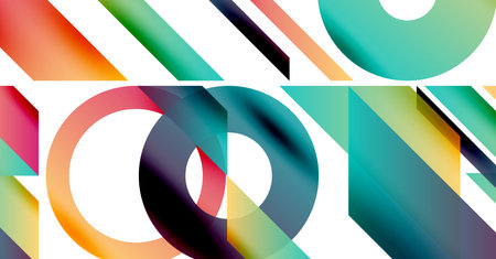 Abstract composition featuring overlapping colorful shapes. Gradients blend turquoise, orange, purple creating dynamic visual effect. Modern design.のイラスト素材