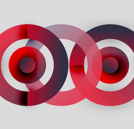 Abstract composition featuring overlapping circles. Red, white, dark shades create dynamic visual effect. Minimalist design, modern aesthetic.のイラスト素材
