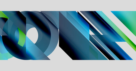 Abstract geometric composition. Circles, rectangles overlap creating dynamic visual effect. Blue, green hues dominate design.のイラスト素材