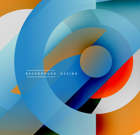 Abstract circles overlap, creating dynamic composition. Blue dominates with orange, red accents. Modern design element.のイラスト素材