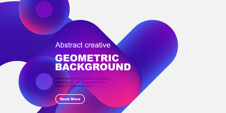 Abstract shapes, vibrant colors, modern design. Text overlay present, button included. Minimalist aesthetic, dark background.のイラスト素材