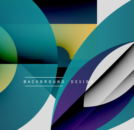 Abstract geometric shapes overlap, creating dynamic color gradients. Modern design features teal, purple, gold, gray tones.のイラスト素材
