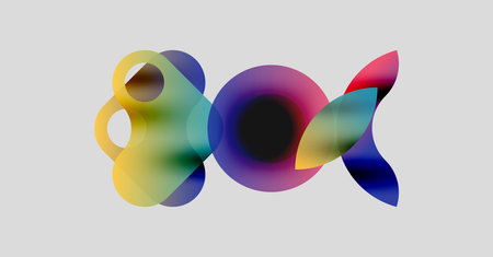 Abstract colorful shapes overlap, creating dynamic visual effect. Bright hues blend, forming interesting composition. Modern design.のイラスト素材