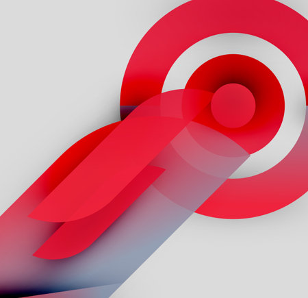 Abstract red design features overlapping circles, curves. Minimalist composition, modern aesthetic, vibrant colors present.のイラスト素材