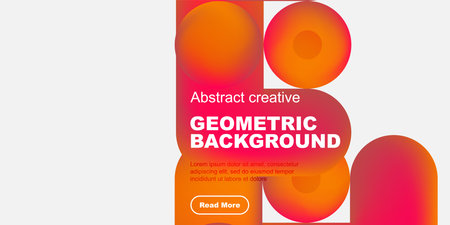 Abstract geometric background features vibrant orange, pink hues. Text promotes creative content, includes button. Simple design.のイラスト素材