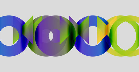 Abstract colorful circles overlap, creating dynamic visual pattern. Gradient hues blend, forming modern design element.のイラスト素材
