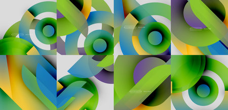 Abstract colorful designs. Overlapping shapes create dynamic visual effects. Gradient hues blend seamlessly, offering modern aesthetic.のイラスト素材