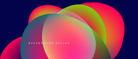 Abstract colorful circles overlap, creating vibrant gradients. Dark blue background enhances bright hues. Modern design element.のイラスト素材