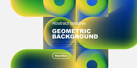 Abstract geometric design features vibrant gradients, overlapping shapes, text elements, button. Modern aesthetic suitable for digital projects.のイラスト素材