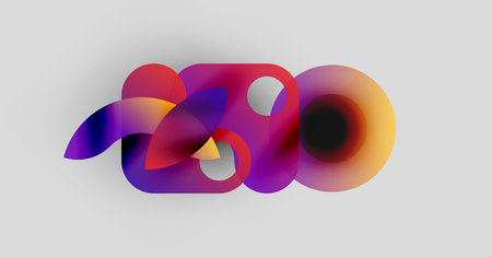 Abstract colorful shapes overlap, creating vibrant visual effect. Soft gradients blend purple, orange, red hues. Minimalist design.のイラスト素材
