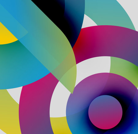 Abstract colorful shapes overlap, creating dynamic visual effect. Circles, curves dominate composition. Bright hues contrast dark background.のイラスト素材