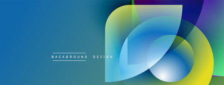 Abstract colorful design. Overlapping shapes create dynamic visual effect. Blue gradient background complements vibrant elements. Modern aesthetic.のイラスト素材
