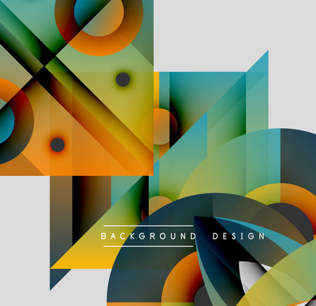 Abstract geometric composition. Overlapping shapes create vibrant color gradients, modern design elements. Minimalist aesthetic, dynamic visual impact.のイラスト素材