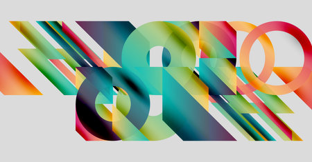 Abstract composition featuring colorful geometric shapes. Overlapping circles, lines create dynamic visual effect. Modern design, vibrant hues.のイラスト素材