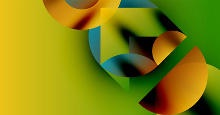 Abstract composition features overlapping colorful circles, gradients. Yellow, green dominate with orange, teal accents. Modern design.のイラスト素材