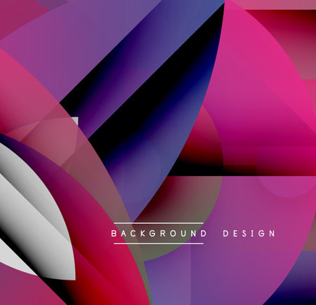 Abstract geometric shapes blend vibrant purple, pink, red hues. Modern design features overlapping layers, gradients, dynamic composition.のイラスト素材