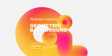 Abstract geometric background features vibrant pink, orange, yellow hues. Text overlay includes geometric background, read more button. Simple design.のイラスト素材