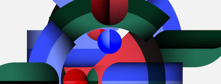 Abstract composition. Geometric shapes overlap, creating dynamic visual interplay. Red, blue, green dominate palette. Minimalist design.のイラスト素材