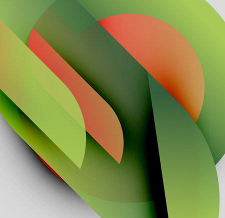 Abstract shapes overlap, creating layered visual effect. Green, orange hues dominate composition. Smooth gradients suggest depth, form.のイラスト素材
