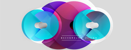 Abstract circles overlap, creating vibrant color gradients. Modern design elements suggest technology, innovation, energy. Background is light gray.のイラスト素材