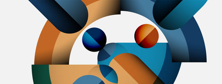 Abstract composition featuring curved shapes, circles, overlapping forms. Colors include blues, oranges, greens, creating dynamic visual effect.のイラスト素材