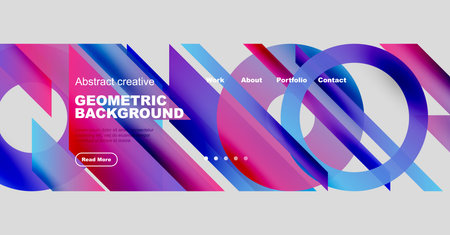 Vibrant abstract geometric design. Website header features colorful shapes, text, navigation options, plus read more button.のイラスト素材