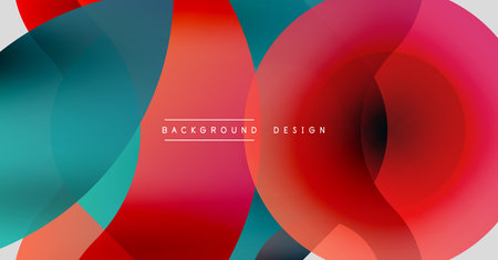 Abstract colorful shapes overlap. Red, teal, white gradients create modern visual effect. Minimalist design for backgrounds.のイラスト素材
