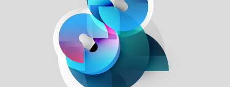 Abstract shapes overlap, creating vibrant blue, teal, pink gradients. Smooth forms suggest movement, depth against light gray background.のイラスト素材