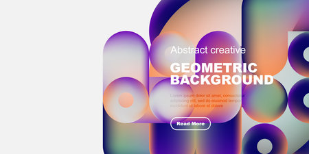 Abstract geometric shapes, vibrant colors, modern design. Text overlay present, button visible. Minimalist aesthetic, dark background.のイラスト素材
