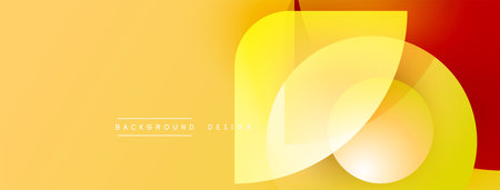 Bright yellow, orange gradient background. Overlapping translucent shapes create modern abstract design. Text reads background design.のイラスト素材