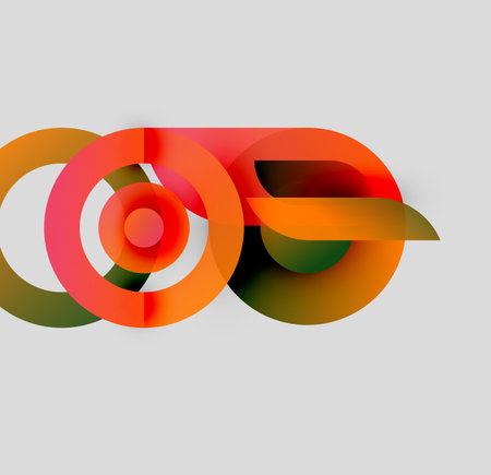 Abstract design features overlapping circles, gradients. Orange, brown, green hues dominate neutral background. Modern, dynamic composition.のイラスト素材