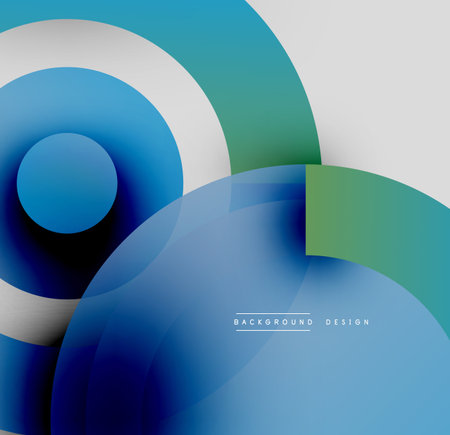 Abstract circles overlap, creating gradient blue, teal hues. Minimalist design with white, black accents. Modern aesthetic.のイラスト素材