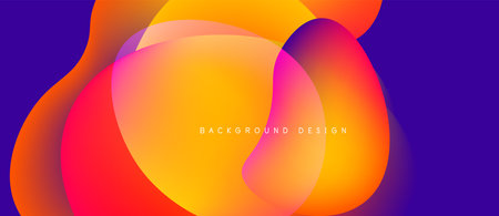 Vibrant fluid shapes overlap, creating dynamic gradient effect. Purple, orange, yellow hues blend seamlessly. Modern design element.のイラスト素材