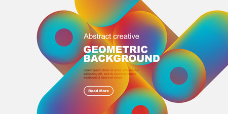 Colorful abstract shapes overlap white, black space. Text promotes geometric background design, includes read more button.のイラスト素材