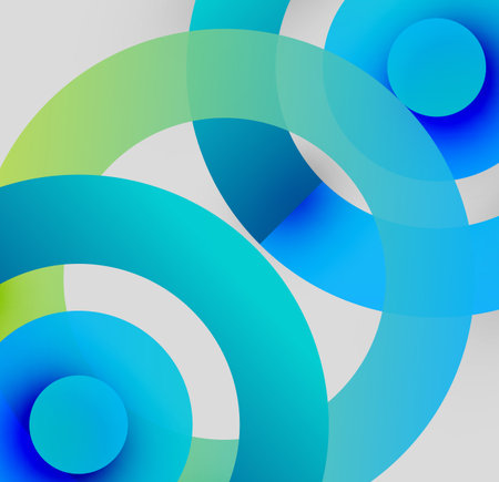 Abstract composition. Overlapping circles create dynamic visual effect. Colors range from blue, green, white. Modern design elements present.のイラスト素材
