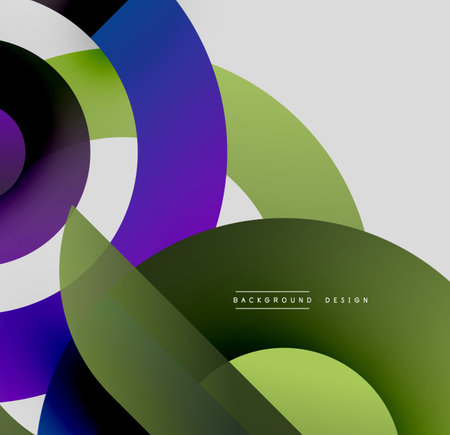 Abstract circles overlap, creating vibrant gradients. Green, purple, blue hues dominate design. Modern, clean aesthetic.のイラスト素材